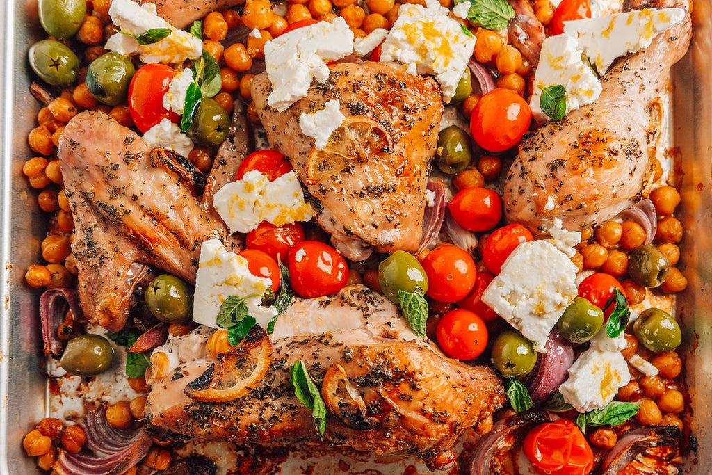 Sheet Pan Chicken with Crispy Chickpeas, Tomatoes, Olives, and Marinated Feta