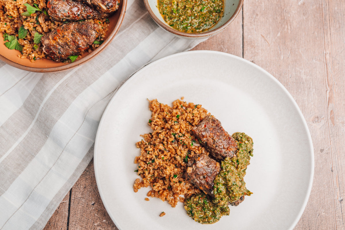 Lamb Kofta with Scallion Sumac Sauce and Pilaf Source Farms
