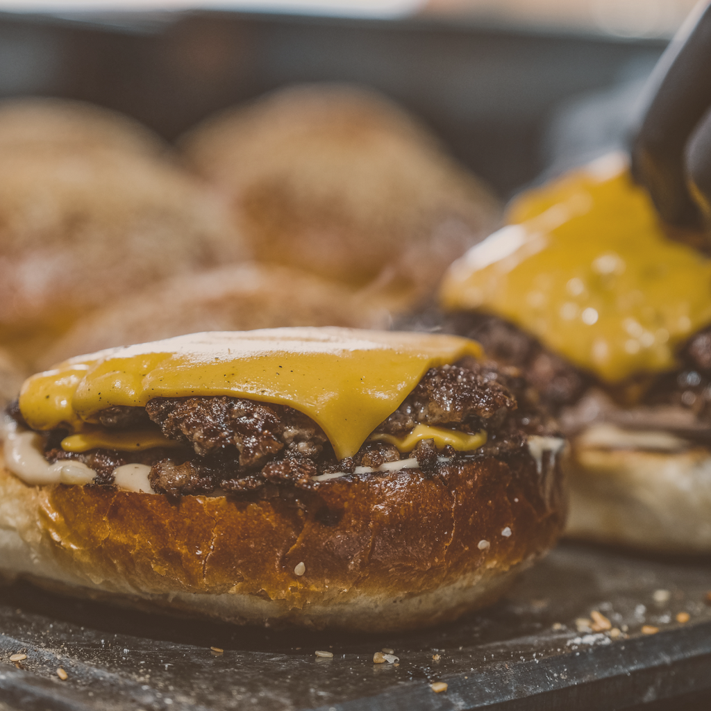 image of cheese burger with more cheese burgers in the background