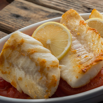 image of 2 cooked cod fillets in a dish with lemon slice