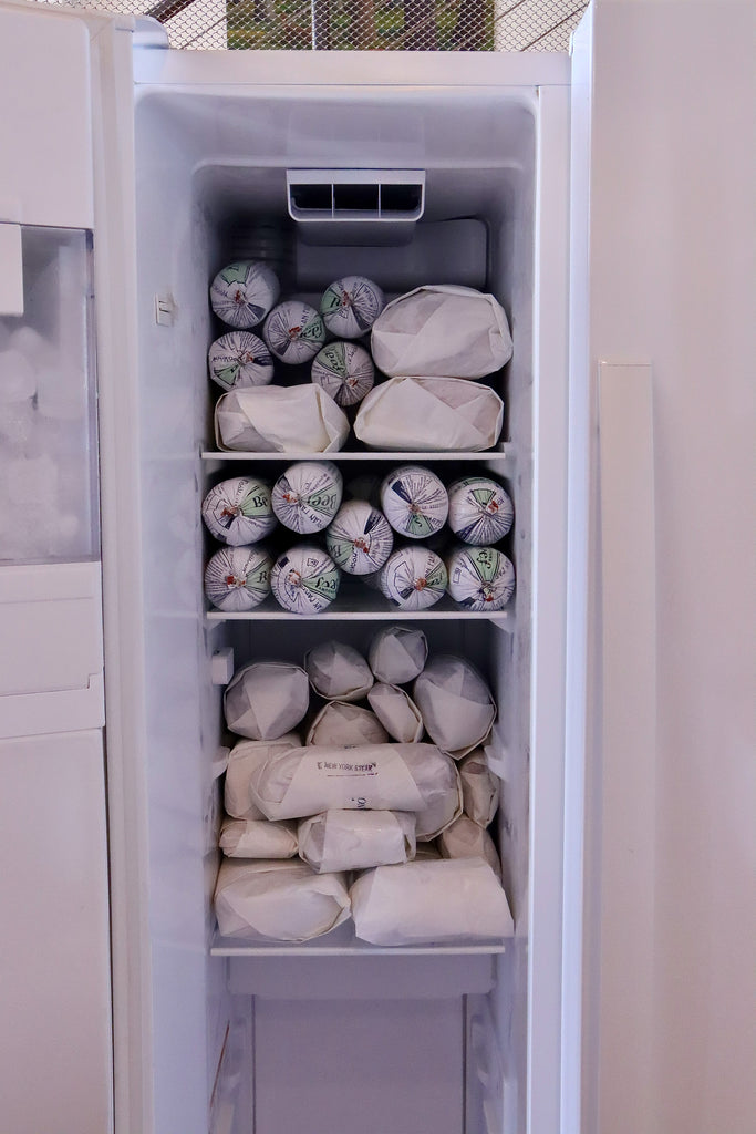 image of a a standing freezer door open with packaged meat inside