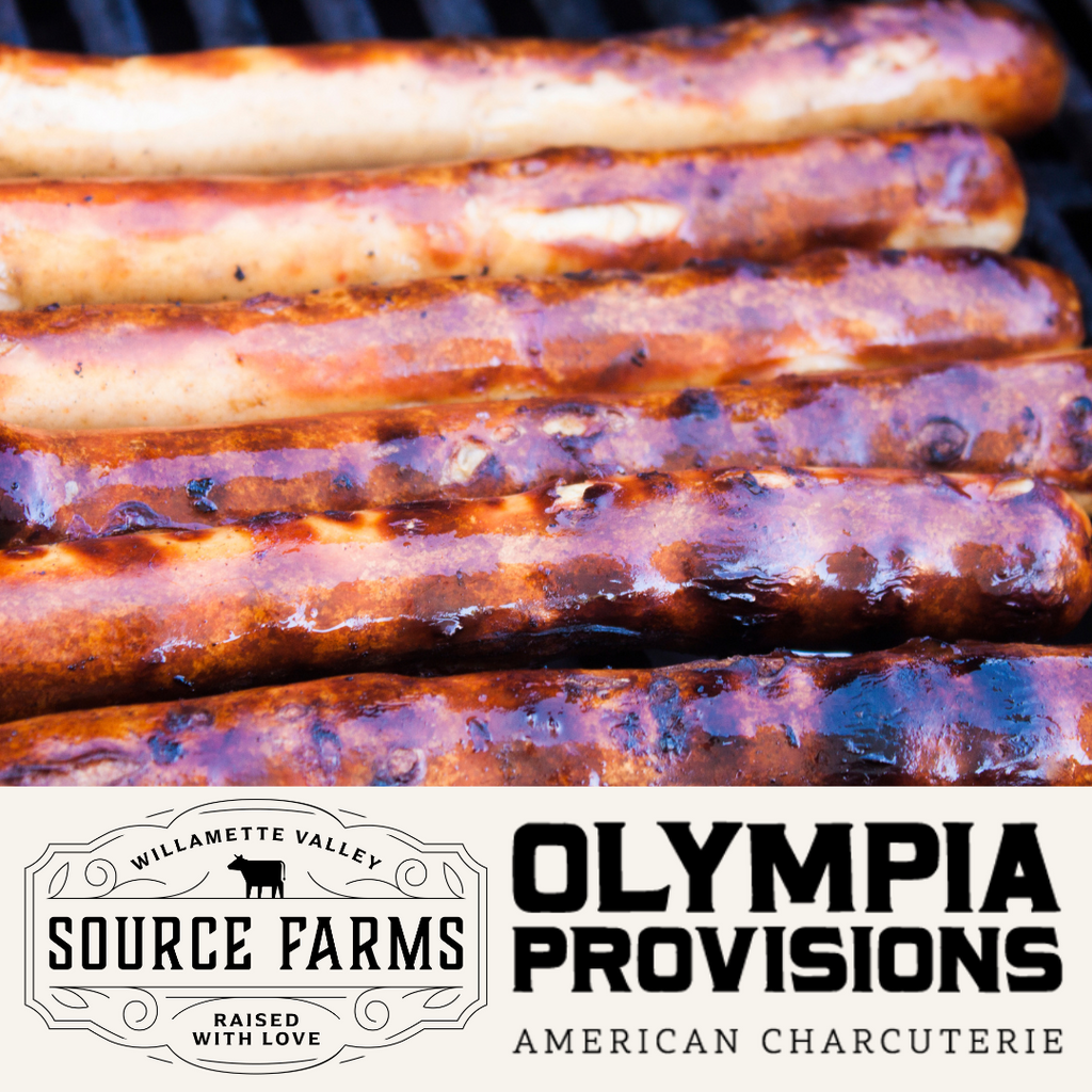 frankfurters on a grill with Source Farms and Olympia Provisions logo