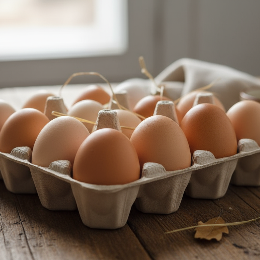 a dozen of farm fresh eggs light brown and tan colors