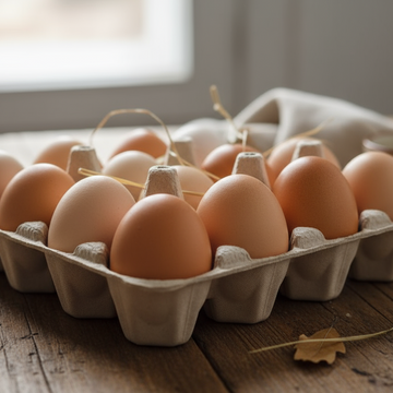 a dozen of farm fresh eggs light brown and tan colors