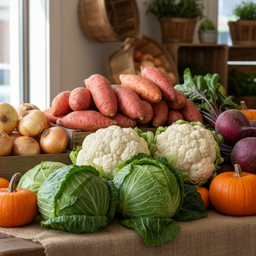 bulk veggies- sweet potatoes, onions, cauliflower, beets, cabbage pie pumpkins