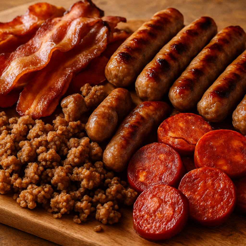 cooked bacon, breakfast sausages, chorizo and ground pork