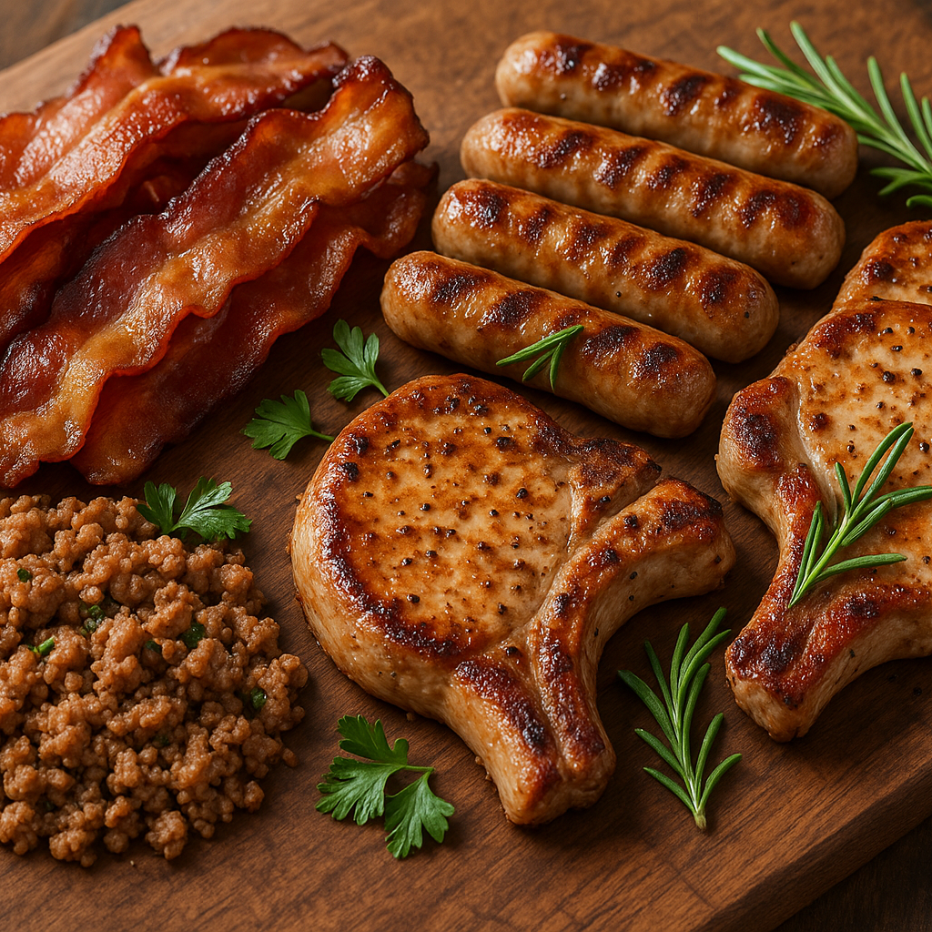 cooked bacon, breakfast sausages, pork chops and ground pork