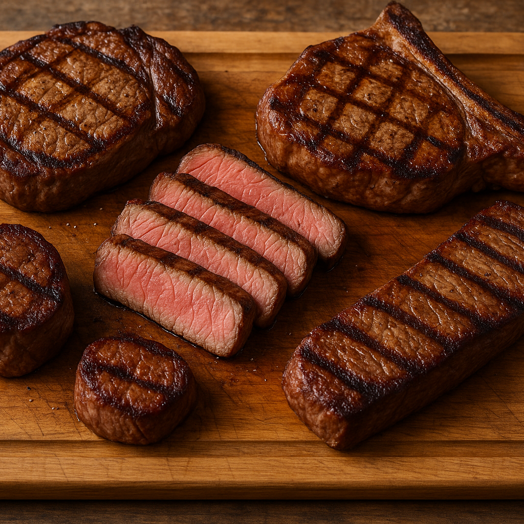 mix of cooked steaks on a cutting board